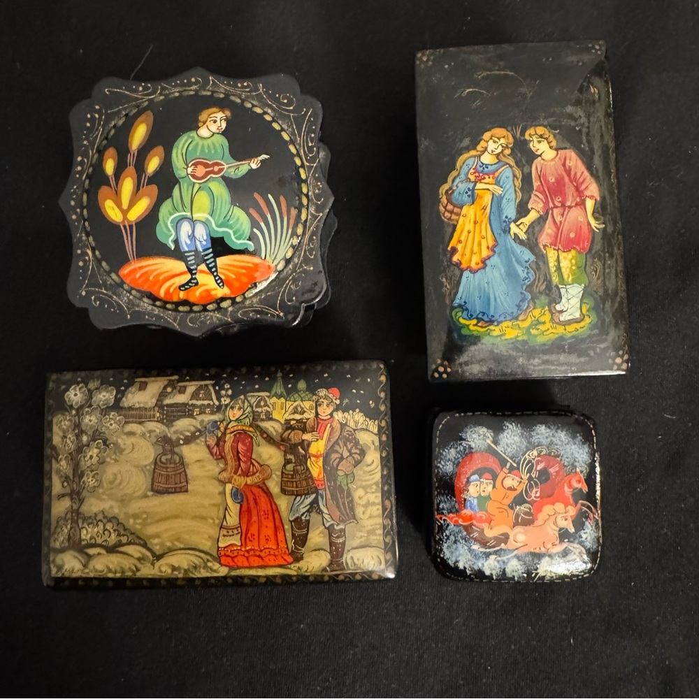 Set of 4 Lacquer Trinket Boxes - Folklore Inagery